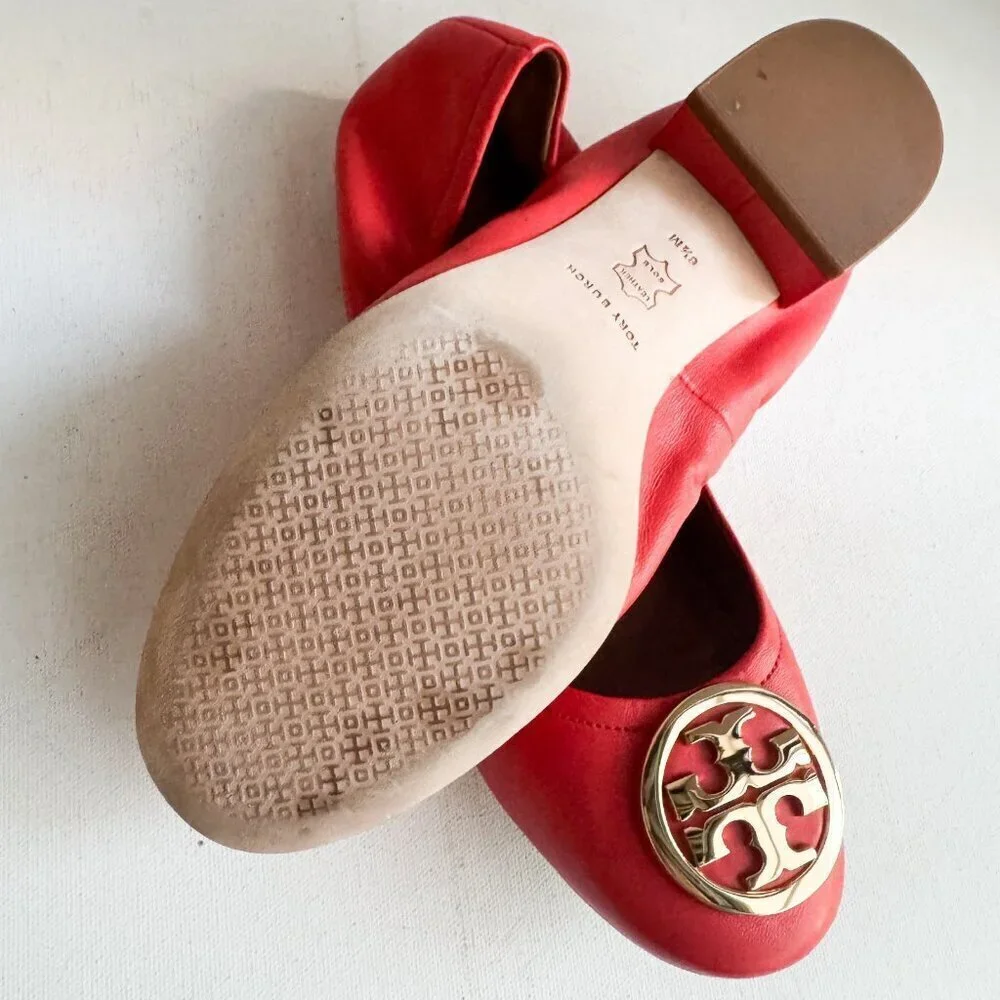 Tory Burch Leather Coral Orange Scrunch Back Low Black Heel Flats 6.5
